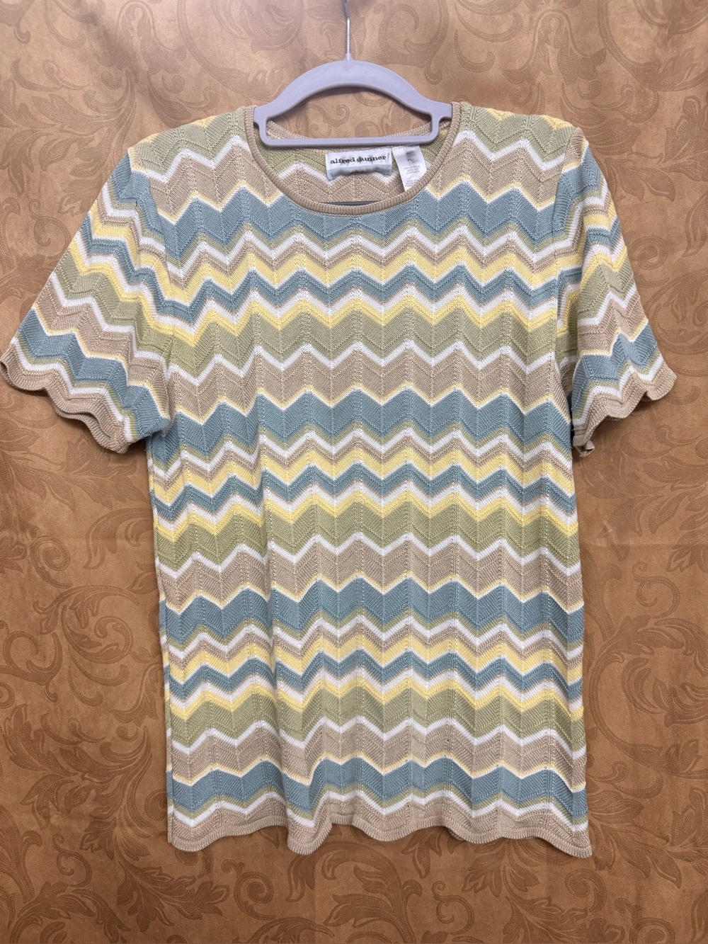 Alfred Dunner Short Sleeve Chevron Knit Shirt - Blue, Yellow, Cream